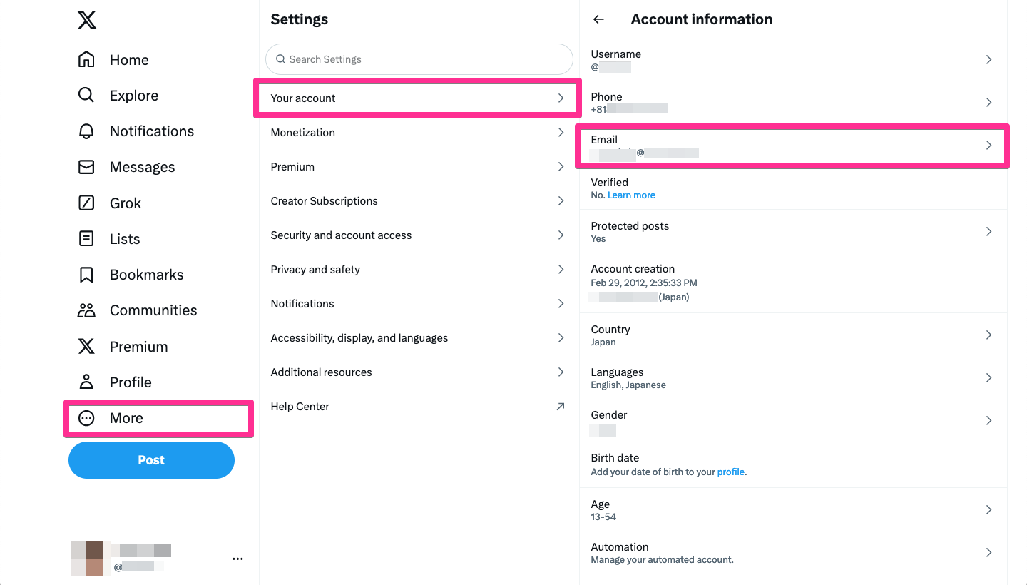 X - Settings &gt; Account information