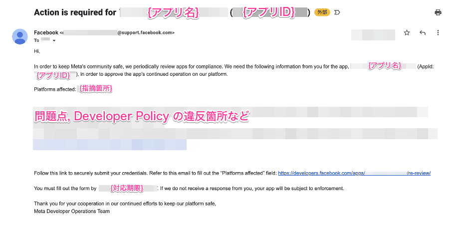 Facebook からのメール - Action is required for アプリ名