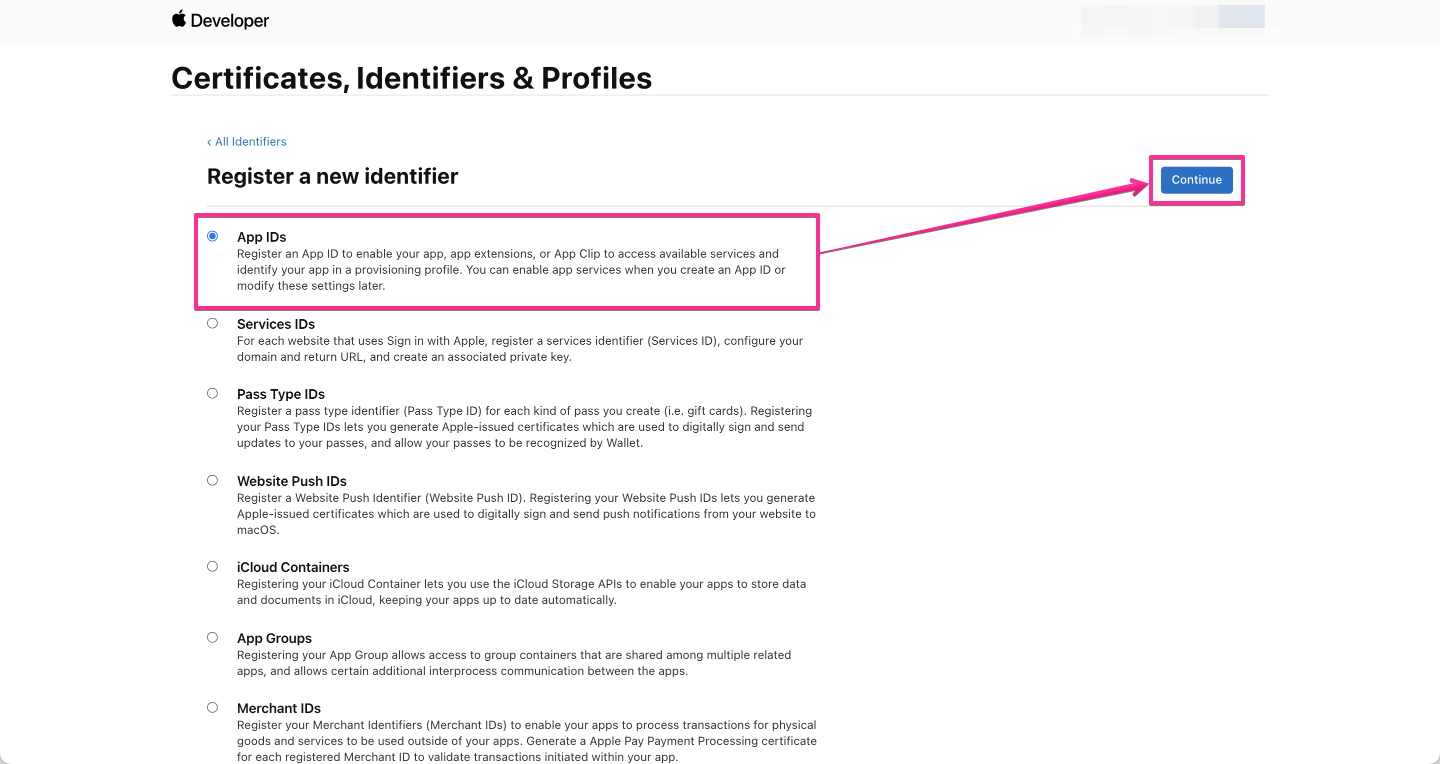 Apple Developers - Register a new identifier で App IDs を選択