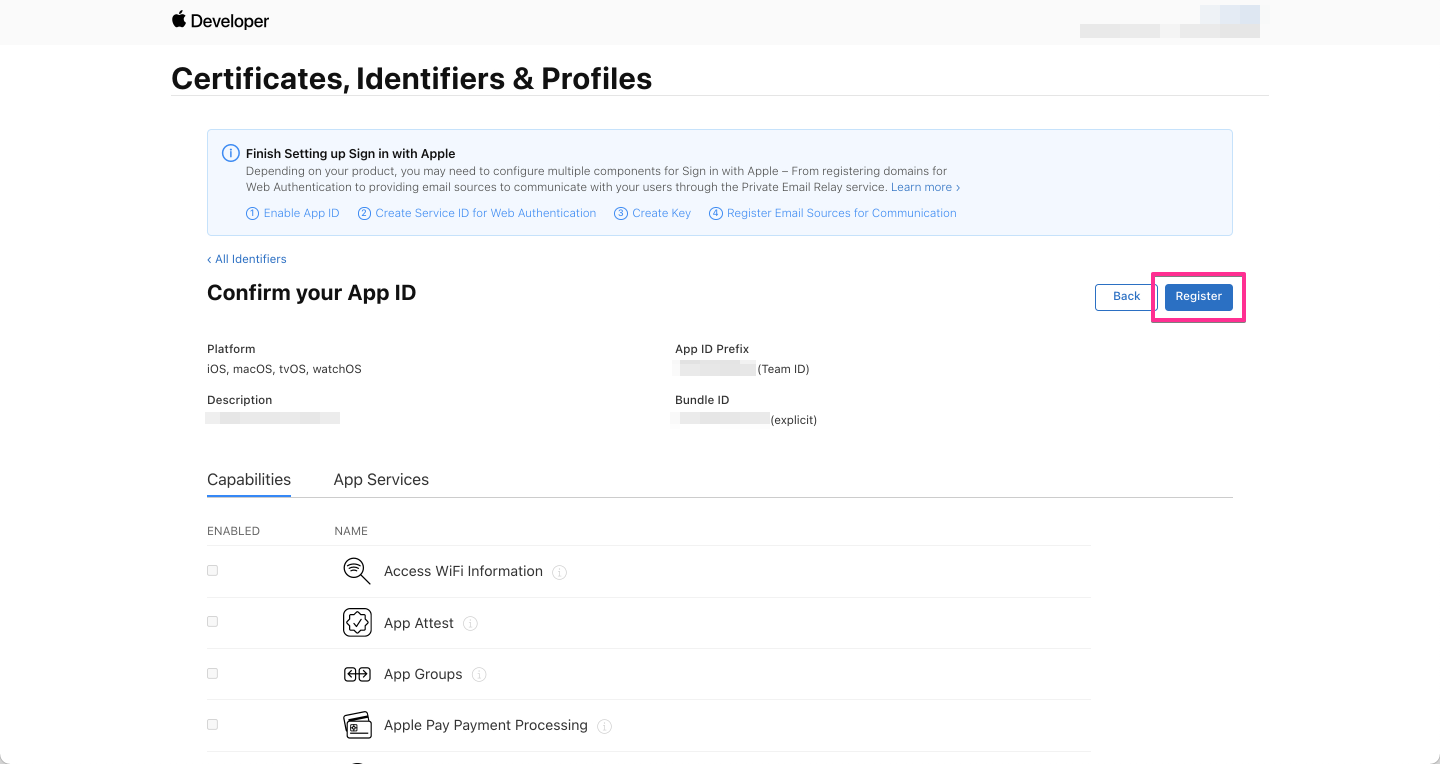 Apple Developers - App ID の登録確認