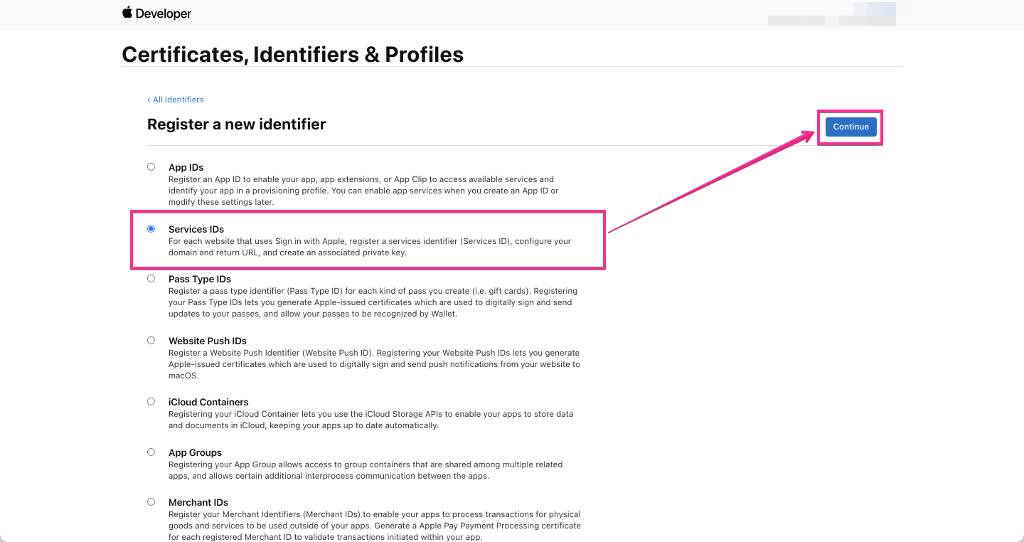 Apple Developers - Register a new identifier で Services IDs を選択
