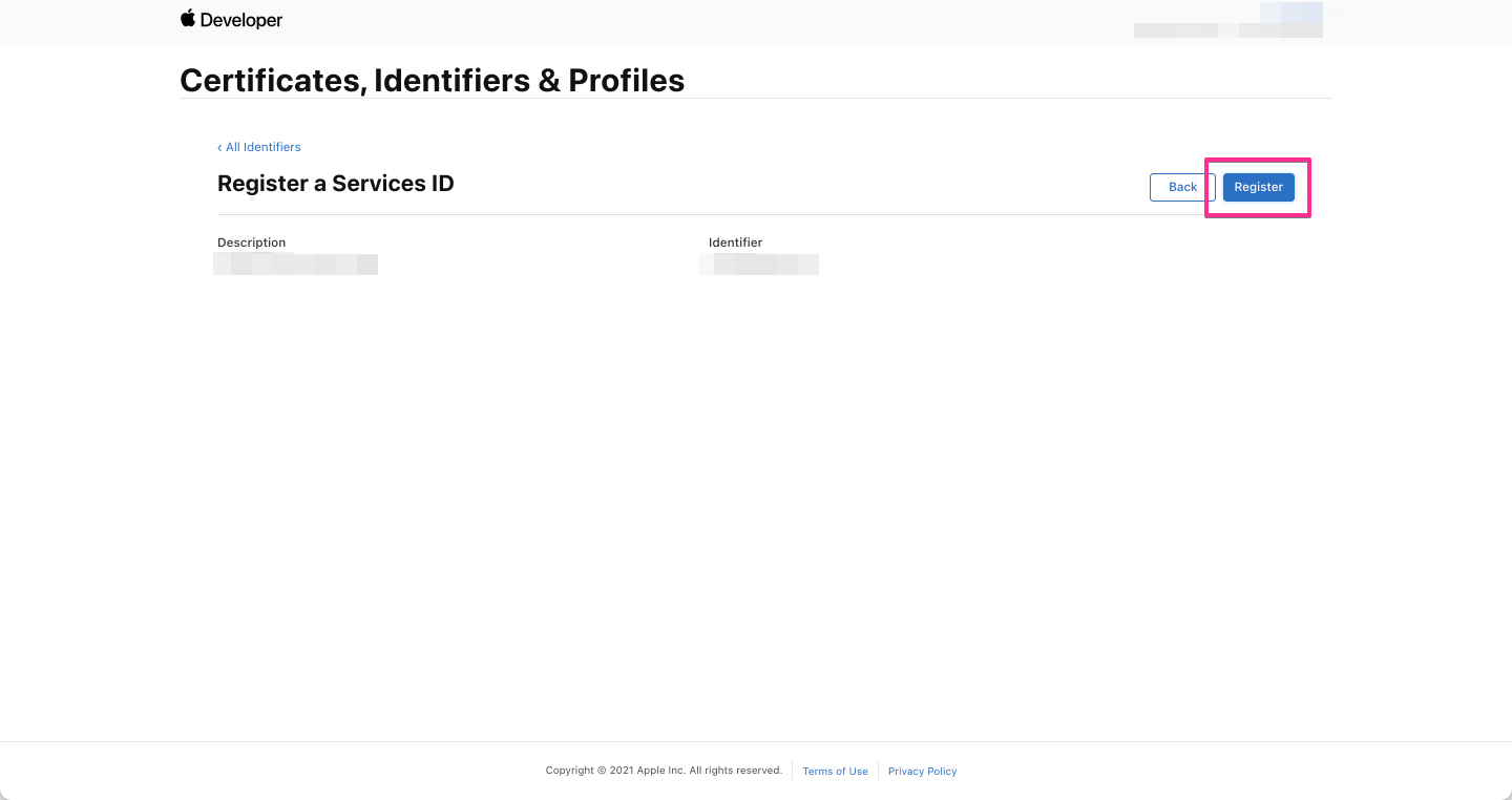 Apple Developers - Service ID の登録確認