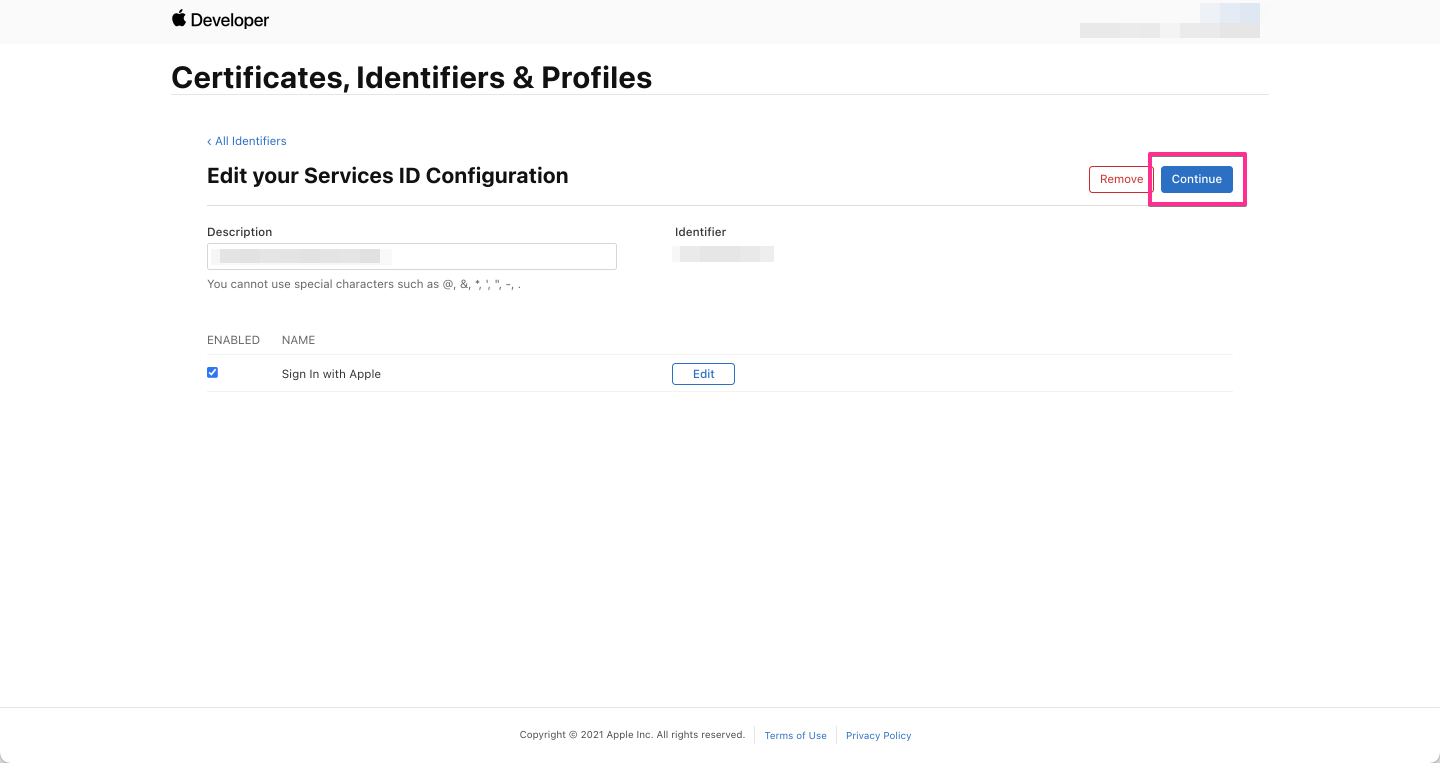 Apple Developers - Service ID の設定の確認