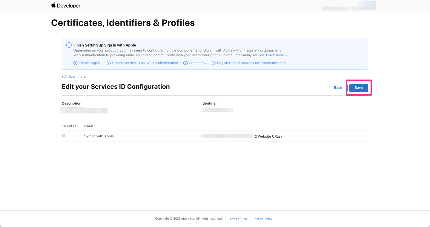 Apple Developers - Service ID の設定の保存
