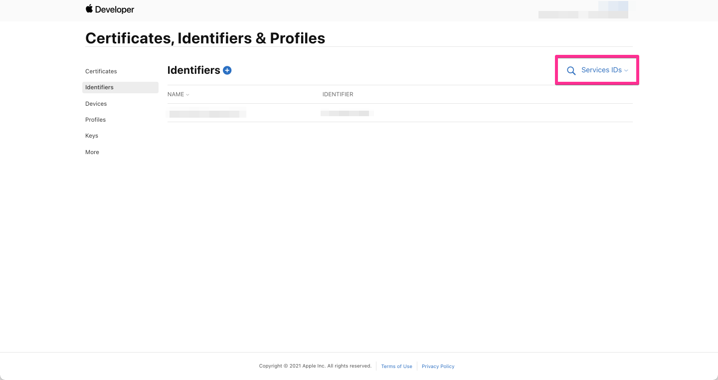 Apple Developers - Identifiers (Services IDs) の一覧