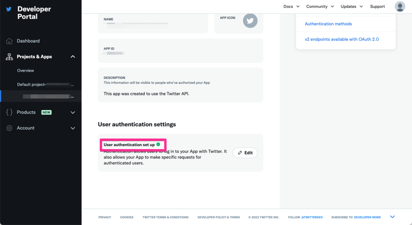 Twitter Developer Portal - Authentication settings