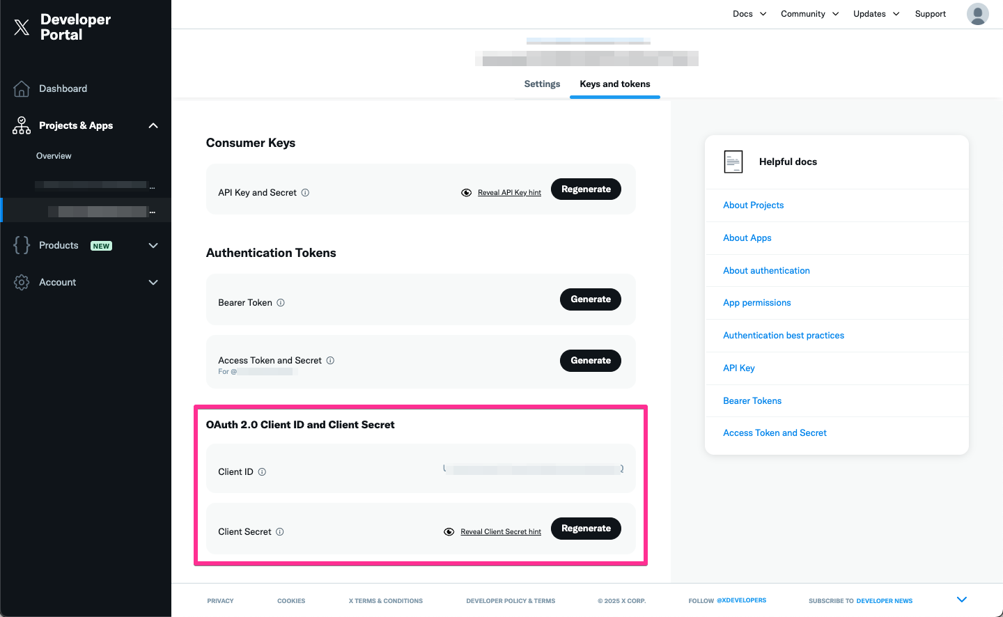X Developer Portal - Keys and tokens